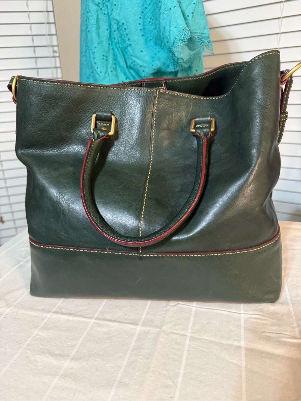 Dooney & Bourke Ivy Dark Green Florentine Leather Chelsea Tote w/burgundy trim - Picture 2 of 10
